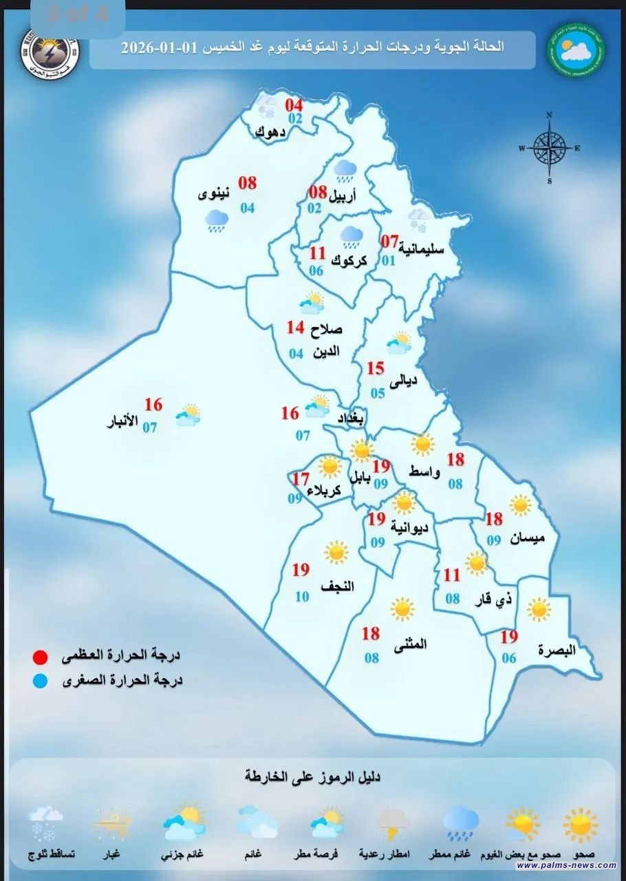 الانواء الجوية تعلن دخول المنخفض الجوي إلى العراق مصحوب بكتلة هوائية باردة،