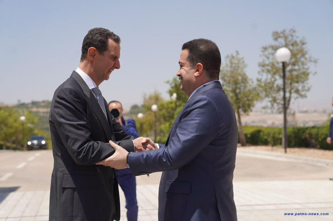 مراسم استقبال الرئيس السوري بشار الأسد لرئيس الوزراء العراقي محمد شياع السوداني في قصر الشعب وسط العاصمة السورية دمشق