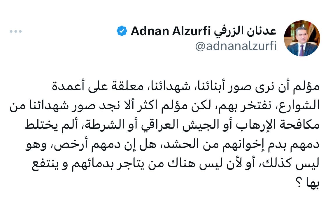 الزرفي : من المؤلم ان لا نجد صور شهدائنا من الجيش والشرطة على اعمدة الشوراع