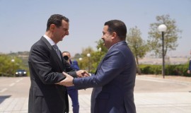 مراسم استقبال الرئيس السوري بشار الأسد لرئيس الوزراء العراقي محمد شياع السوداني في قصر الشعب وسط العاصمة السورية دمشق